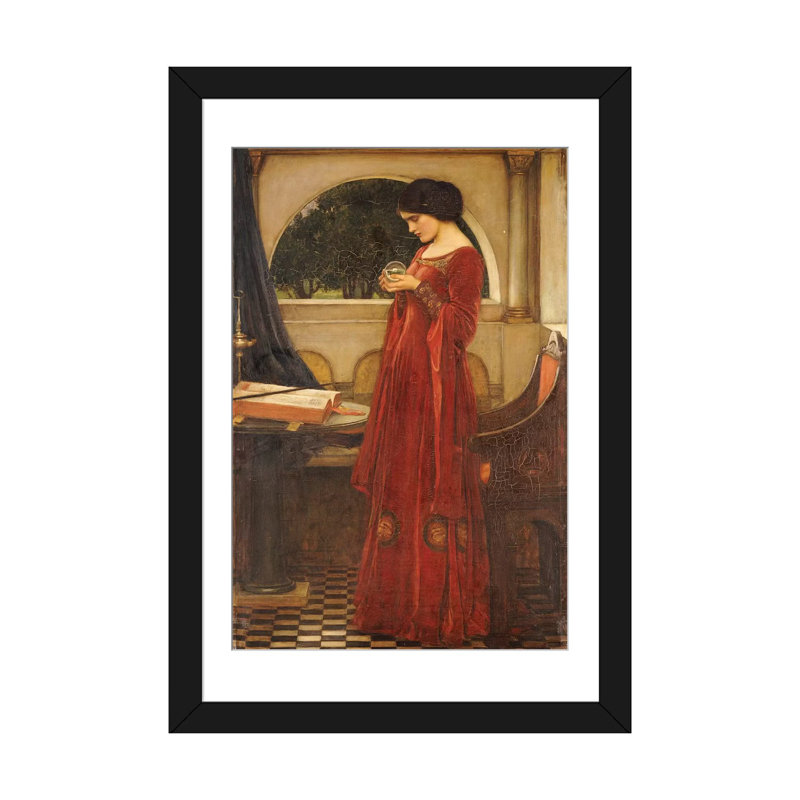 "the crystal ball, 1902" par john william waterhouse, reproduction d’art sur toile, Papier d'art encadré noir, Blanc