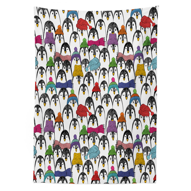 Ambesonne Sea Animals Tablecloth, Pattern With Penguins In Colorful Hats And Scarfs Cold Winter Fun Art, Rectangular Table Cover For Dining Room Kitchen Decor, 52" X 70", Multicolor