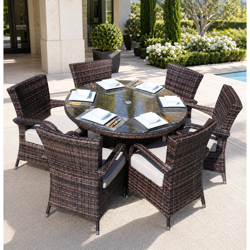 6 - Person Wicker Patio Dining Set with Round Table , Cushions Included, Beige, Brown
