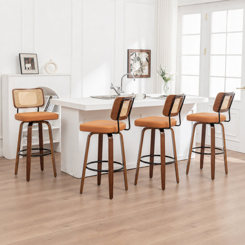 Tabouret de bar pivotant à dossier en canne avec siège en similicuir, Orange