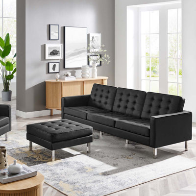 Loft Tufted Vegan Leather Sofa And Ottoman Set In Silver White