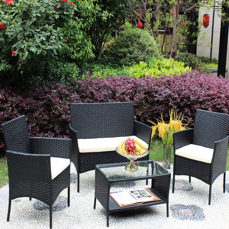 Ensemble de 4 pièces pour l'extérieur - avec coussins attrayants, coussins de patio en PC, 2 fauteuils, tasse en verre trempé pour garder vos boissons au chaud à l'extérieur