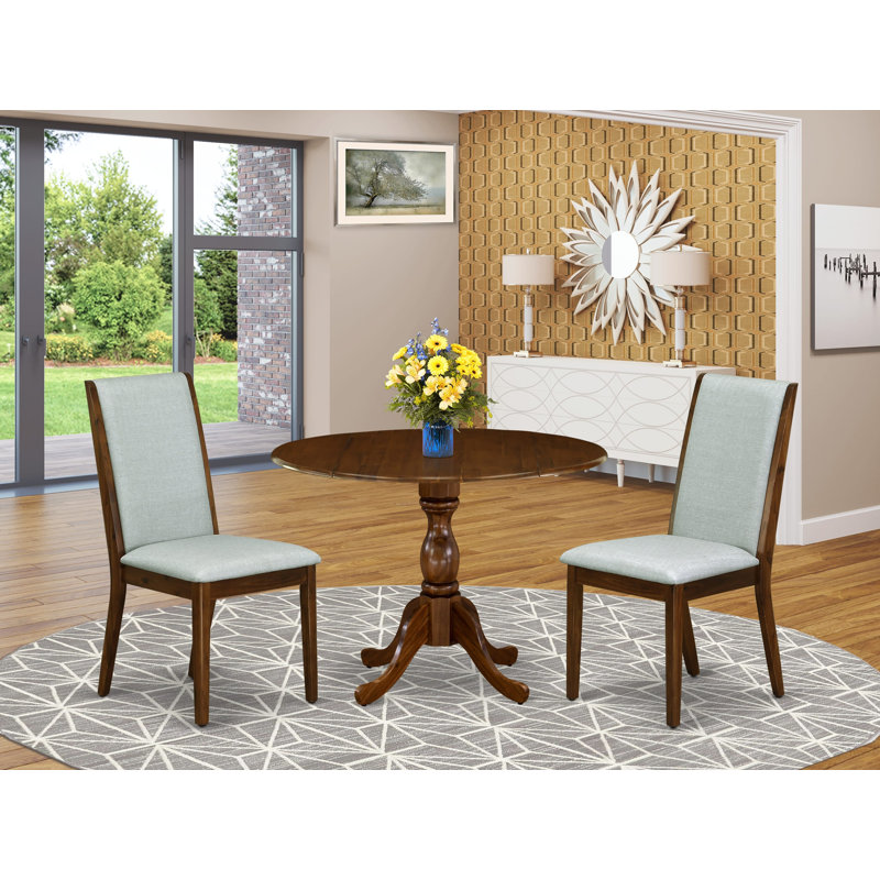 3 Piece Modern Dining Table Set Contains 1 Drop Leaves Dining Room Table and 2 Grey Linen Fabric Upholstered Chair with High Back - Acacia Walnut Finish