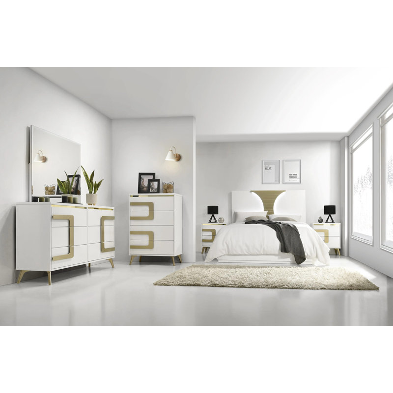 Ensemble de chambre à coucher 6 pièces - Lit très grand avec commode, miroir, commode et 2 tables de chevet, blanc moderne et finition champagne-or
