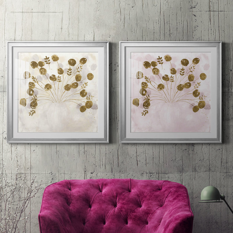 Golden I - ensemble de 2 reproductions d'art sur toile, H 26,5 po x l 53 po x P 1,5 po, Encadrement argenté, Blanc