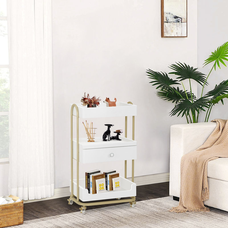 Utility Trolley with Wheels and Drawer, Stylist Rolling Storage Cart, White/Gold
