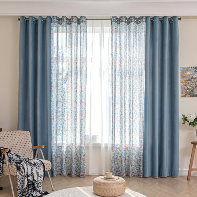 Mix and Match Curtains 4 Panels Set - 2 Pieces FLoral Print Sheer Curtains and 2 Pieces Velvet Curtains for Bedroom Living Room Grommet Window Drapes, 52x72 Inch, Navy Blue,Set of 4 Panels