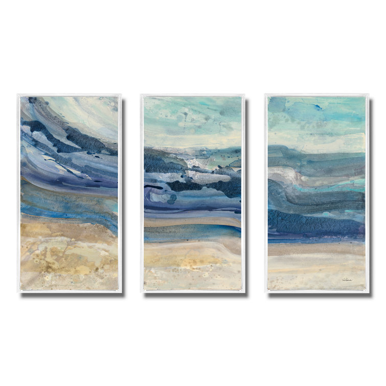 Coast Blue Sea Waves Watercolour - Nautical & Coastal Framed Canvas Wall Art Set Of 3