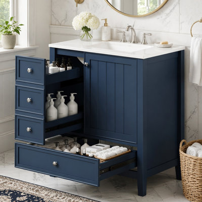 Meuble-lavabo de 30 po avec lavabo, une armoire et trois tiroirs, panneau en bois massif et panneau de fibres à densité moyenne