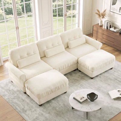 Canapé modulaire en U en chenille 3 places avec 2 repose-pieds en U, coussin de siège à volants, accoudoirs roulés et coussins de soutien lombaire, assise profonde confortable pour le salon