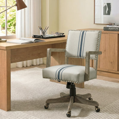 Bromley Farmhouse 24" W Linen Task Chair with Solid Wood Arm and Nailhead Trim