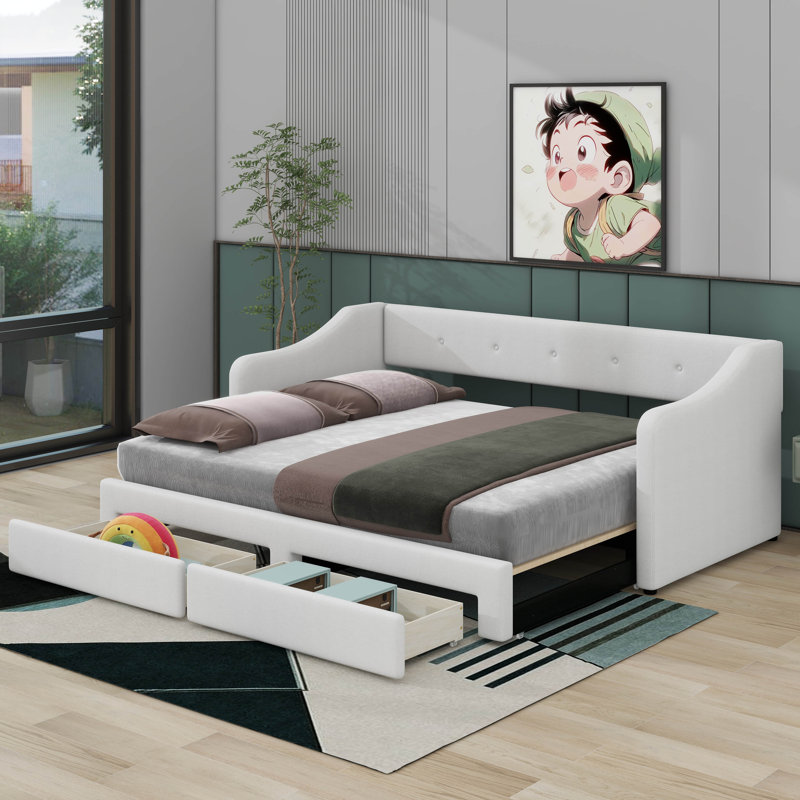 Twin XL  to King Size Upholstered Daybed With Drawers, Beige