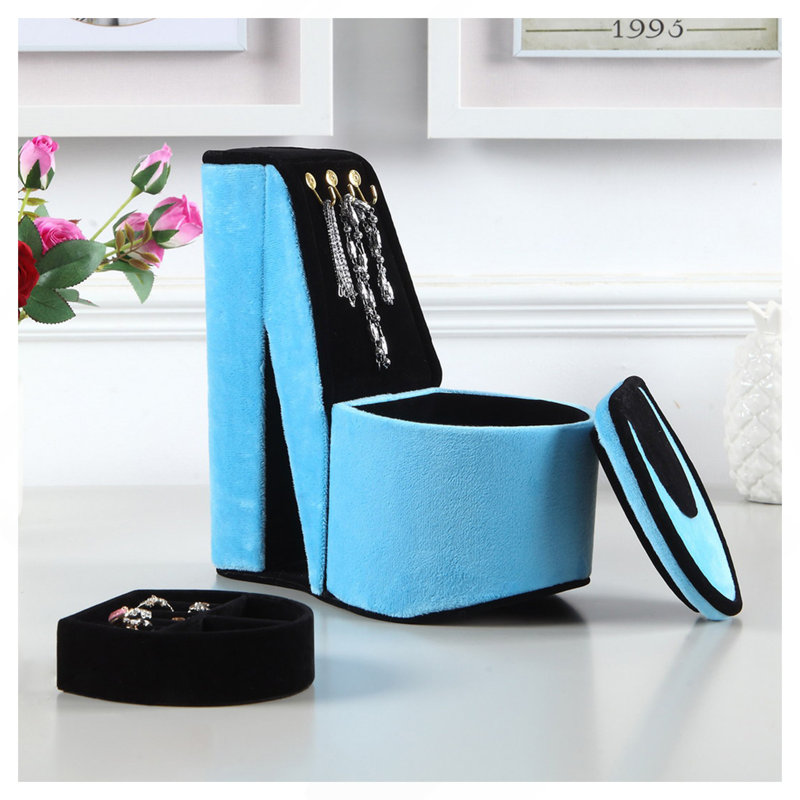 Boîte à bijoux présentoir de 23 cm de haut avec crochets, motif escarpin, velours turquoise, Turquoise