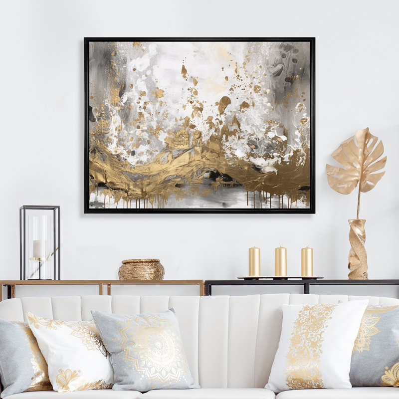Art moderne abstrait blanc et or - art mural abstrait, H 24 po x l 32 po x P 1 po, Cadre flottant noir
