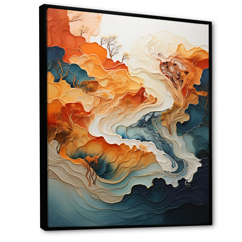 «Abstract Orange and Blue River Ink I», reproduction d'art sur toile abstraite en marbre, H 20 po x l 12 po