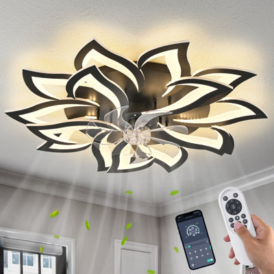 35" Low Profile Flush Mount Modern Flower Ceiling Fan with Lights, Dimmable 3 Color Temperatures, 6-Speed Quiet DC Motor, Remote & App Control for Bedroom, Living Room, Kitchen