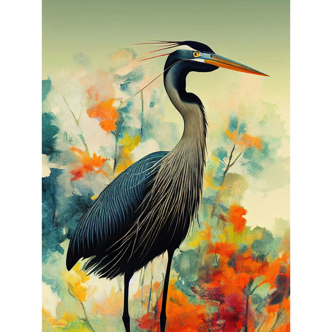 Heron Bird Abstract Flower Field - No Frame Rectangle Print