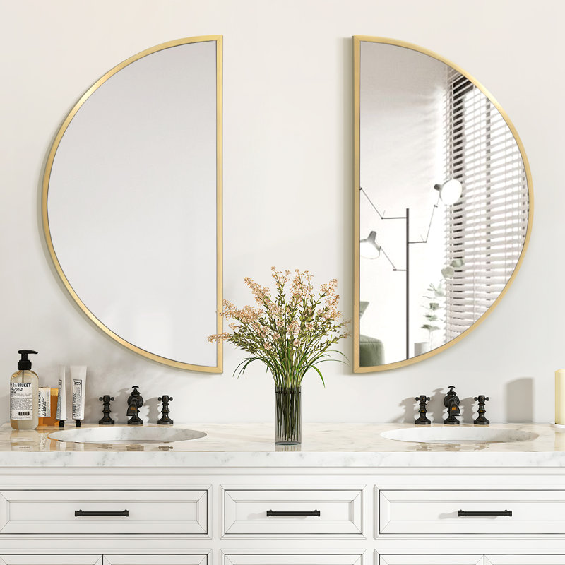 Round Metal Flat Wall Mirror (Set of 2), Gold, 40" x 20"