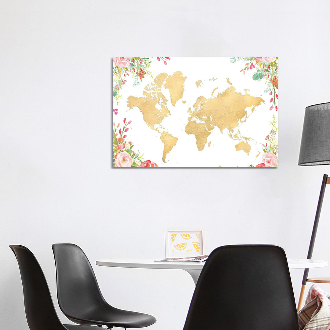 Gold World Map With Boho Watercolor Flowers by Blursbyai - No Frame Gallery-Wrapped Canvas Giclée on Canvas