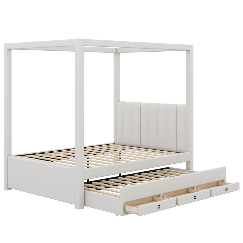 Lit plateforme à baldaquin avec lit gigogne Desalvo, Beige