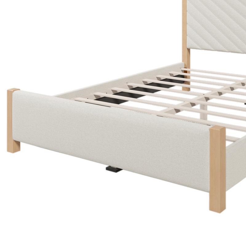 Base de lit tapissier moderne avec tête de lit capitonnée et pieds en bois massif de style moderne Mid-Century, Beige