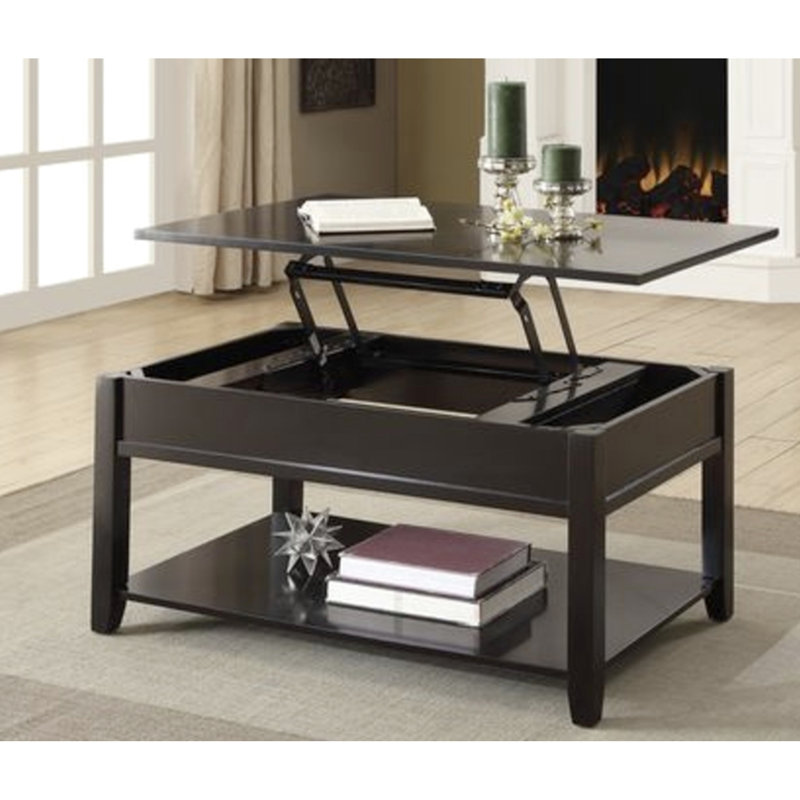 Table basse fonctionnelle noire avec pieds relevables et compartiment de rangement inférieur