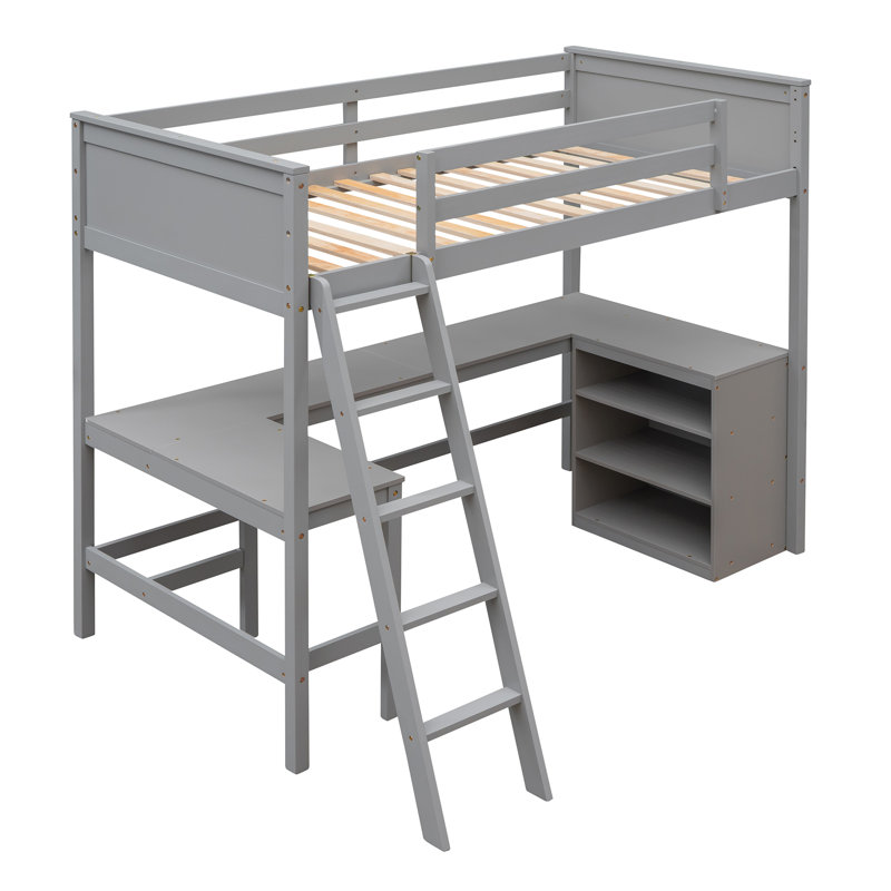  Loft Bed with Built-in Desk and Shelves, Multi-Functional Wooden Frame for Study and Storage, Grey