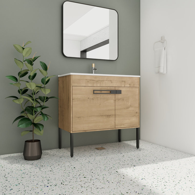 Meuble-lavabo simple 36,47 po avec plateau en céramique Kazuhiro, Chêne