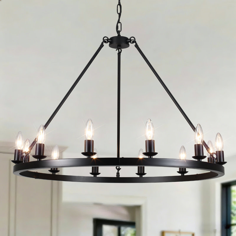 Lustre en roue de chariot à 12 lumières de style bougie, 12 lumières