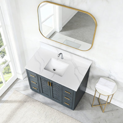 Plateau de meuble-lavabo en quartz 43 po avec lavabo simple encastré, 4 dosserets, 1 trou de robinet, blanc de luxe pour salle de bain, solution d'entretien moyen