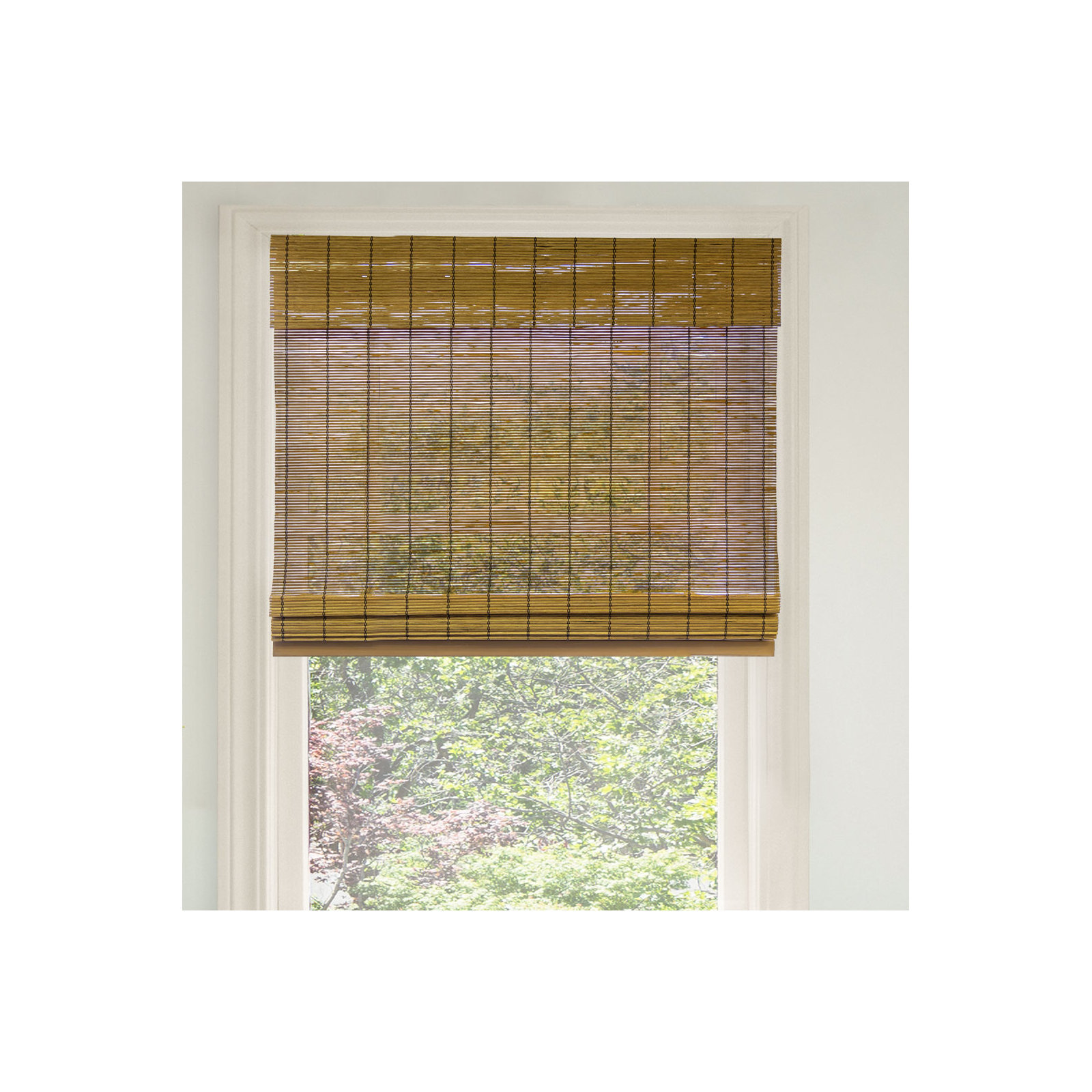 Cordless Light Filtering Woven Wood Bamboo Roman Shade with Valance, Brown, 35"W x 64"L