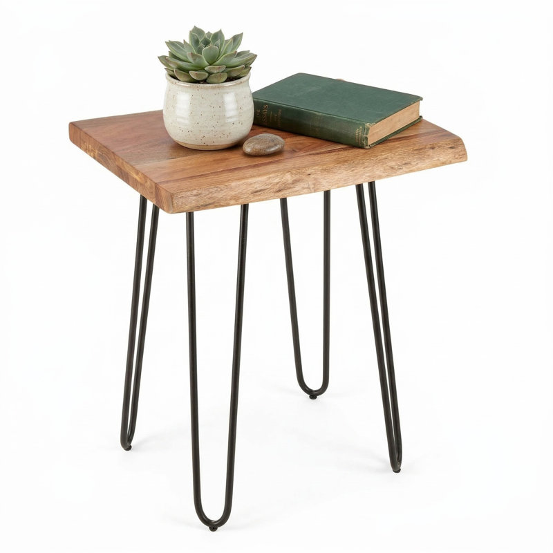 Bexton 15" L x 20" W x 27" H Industrial-Modern Solid Acacia Wood End/Side Table with Hairpin Metal Legs and Protective Floor Pads (Natural Finish)