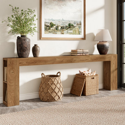 Console extra longue 94,5 pouces avec prise USB et rangement, canapé étroit derrière le canapé avec station de charge, table d'entrée en bois de ferme pour le vestibule du vestibule, chêne brun