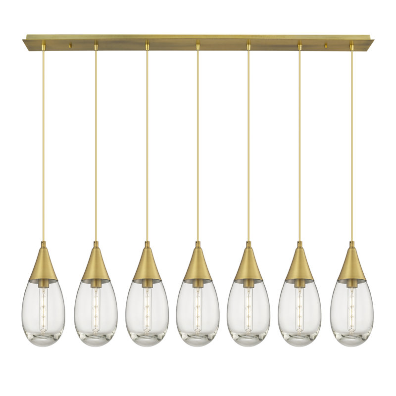 Luminaire suspendu pour îlot de cuisine 7 lumières Rael, Laiton brossé, Transparent