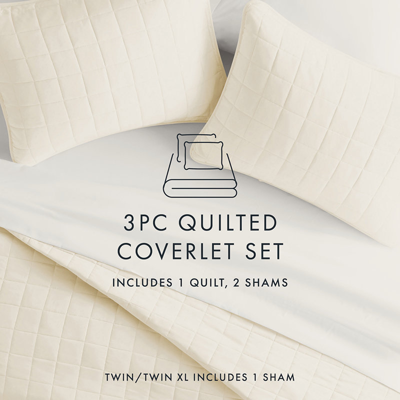 Quilt Coverlet Set All Season Microfiber Contemporary Ultra Soft Bedding in Square Stitch, Ivory