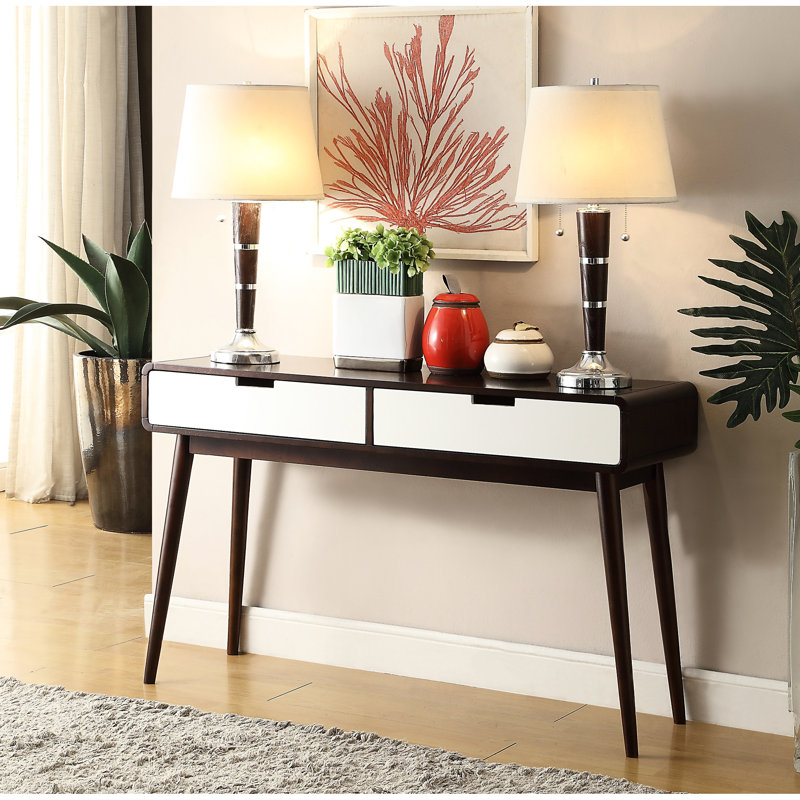 Console à finition blanche avec 2 tiroirs pour le salon Mid-Century