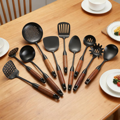 10-Piece Stainless Steel Kitchen Utensil Set With Wood Handle, 18/10 Metal Cooking Tools For Professional & Home Use - Spatula, Spoon, Ladle, Skimmer, Slotted Turner, Pasta Server, Fork, Masher