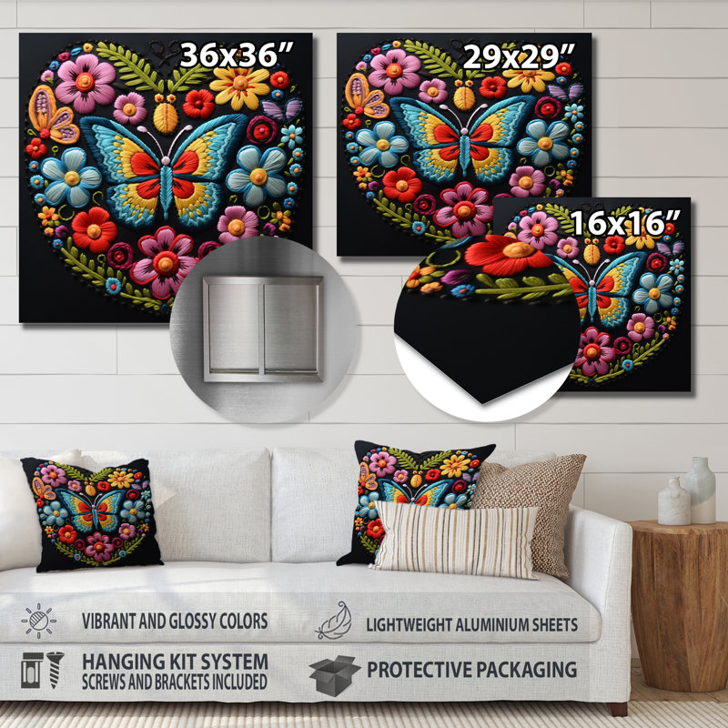 Motif floral broderie boho Papillon, Métal métal, H 16 po x l 16 po x P 1 po