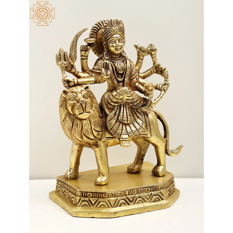 Statue de la déesse Durga à 6 bras en laiton de 6 po - Idole de divinité Shakti fabriquée à la main pour un autel spirituel puissant et la protection Divine