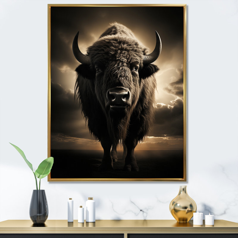 Décoration murale noir et blanc Buffalo Silhouette Serenade I - animaux, Cadre flottant doré, H 32 po x l 16 po x P 1 po