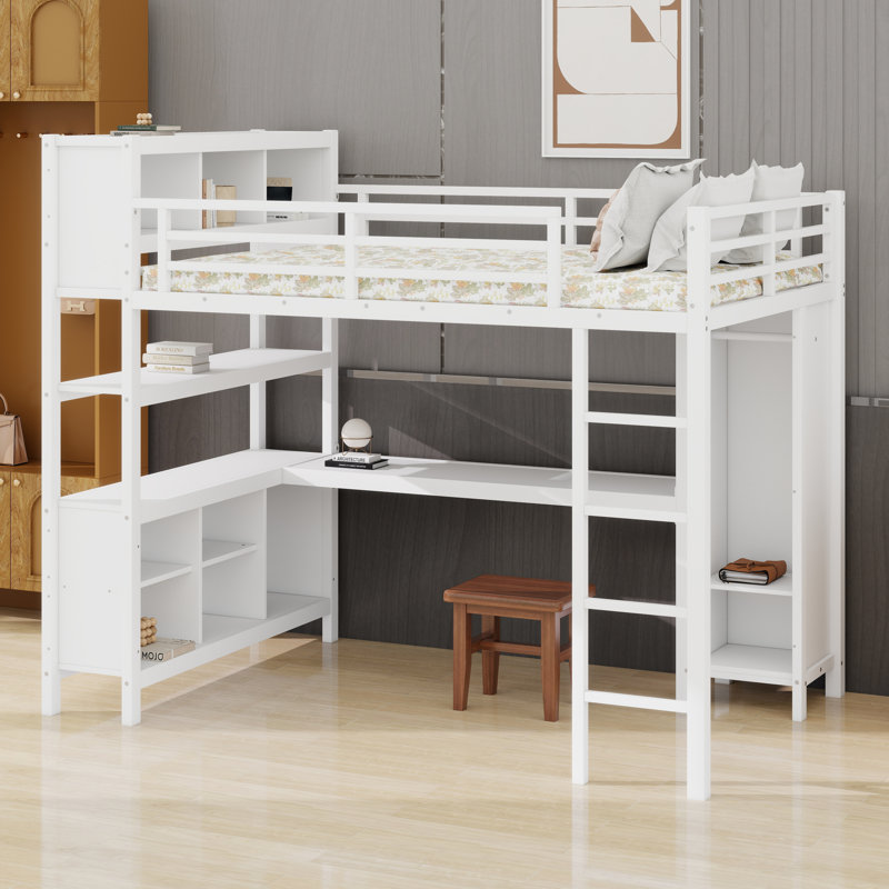 Lit mezzanine en métal avec garde-robe et bureau en L, Grand lit, Blanc