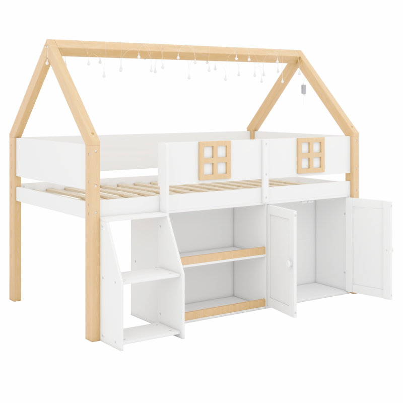 Low Loft Bed Frame with Staircase Entry, Storage Shelving, Cabinets & LED Lighting, Full