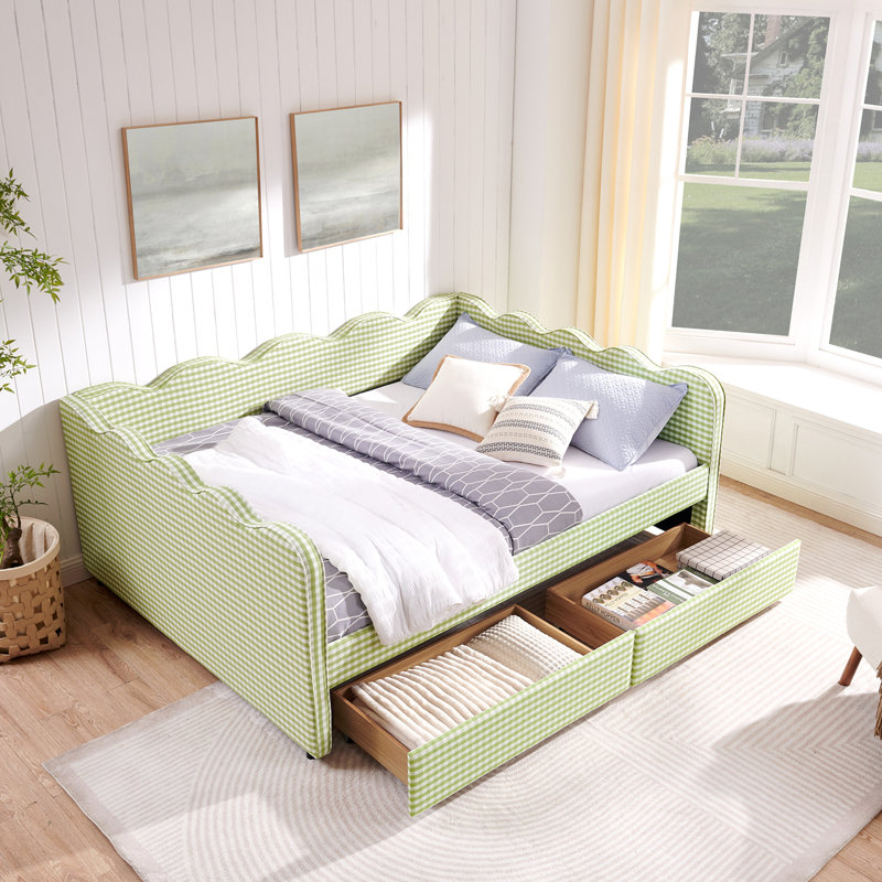 Queen Size Cozy Gingham Daybed With Two Storage Drawers, With USB Port And Adorable Wave Shaped, Linen Fabric, Queen, Green
