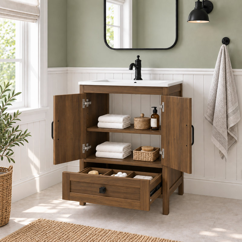 Meuble-lavabo de 76 cm avec lavabo en céramique et rangement dissimulé (sans robinetterie) - Brun, Brun, 30 pouces