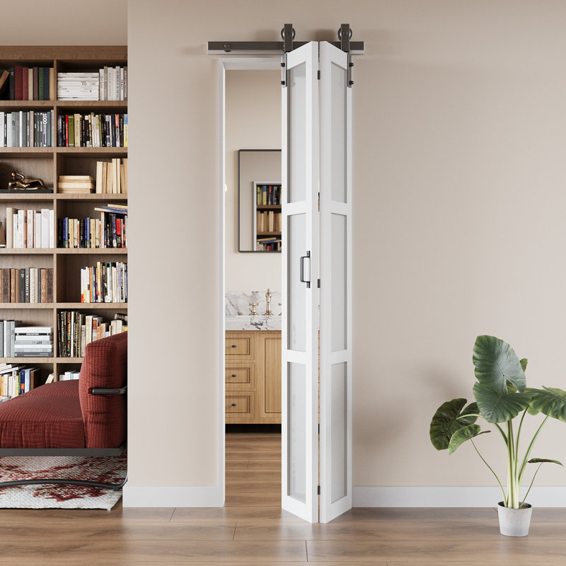 Porte de grange pliable en bois manufacturé et en verre manufacturé 25 po x H 84 po à 3 panneaux avec quincaillerie d'installation pour porte de placard et porte de salle de bain