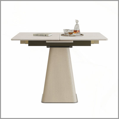Retractable Rock Slab Folding Dining Table, Modern Square Expandable Table With Leather-Wrapped Stainless Steel Base, Dual-Purpose Space Saving Kitchen Table For Small Apartments