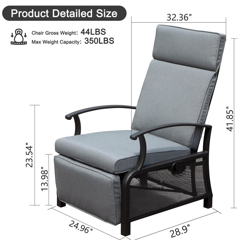 Fauteuil inclinable gris pour l'extérieur avec inclinaison de 150 degrés, coussins de 6,8 po d'épaisseur et siège inclinable à hauteur réglable, conception ergonomique, support de 350 lb