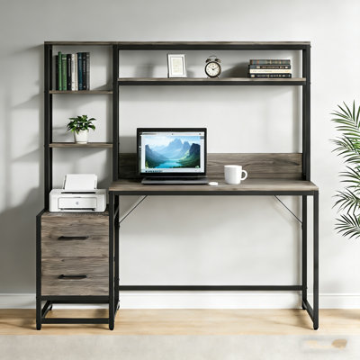 Table d'ordinateur avec 2 tiroirs et tablettes de rangement