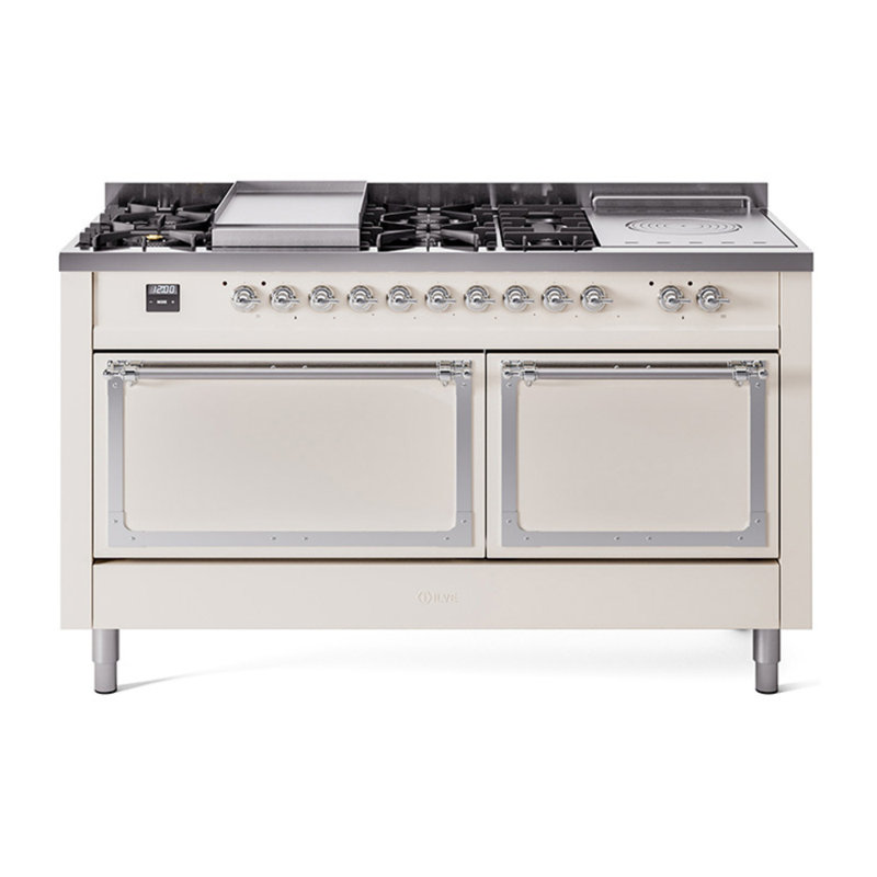 ILVE Nostalgie II Noblesse 60 po à 2 brûleurs, plaque chauffante, plaque de cuisson française, Blanc antique / chrome