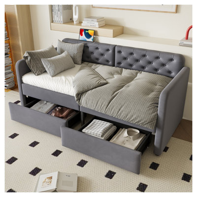Twin Size Velvet Upholstered Daybed with Storage Drawers & USB Charging Port, Button-Tufted Sofa Bed Frame